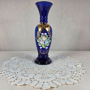 Bohemian Czech Cobalt Blue Vase 24k Gold Gilt & Hand Enameled Floral Design
